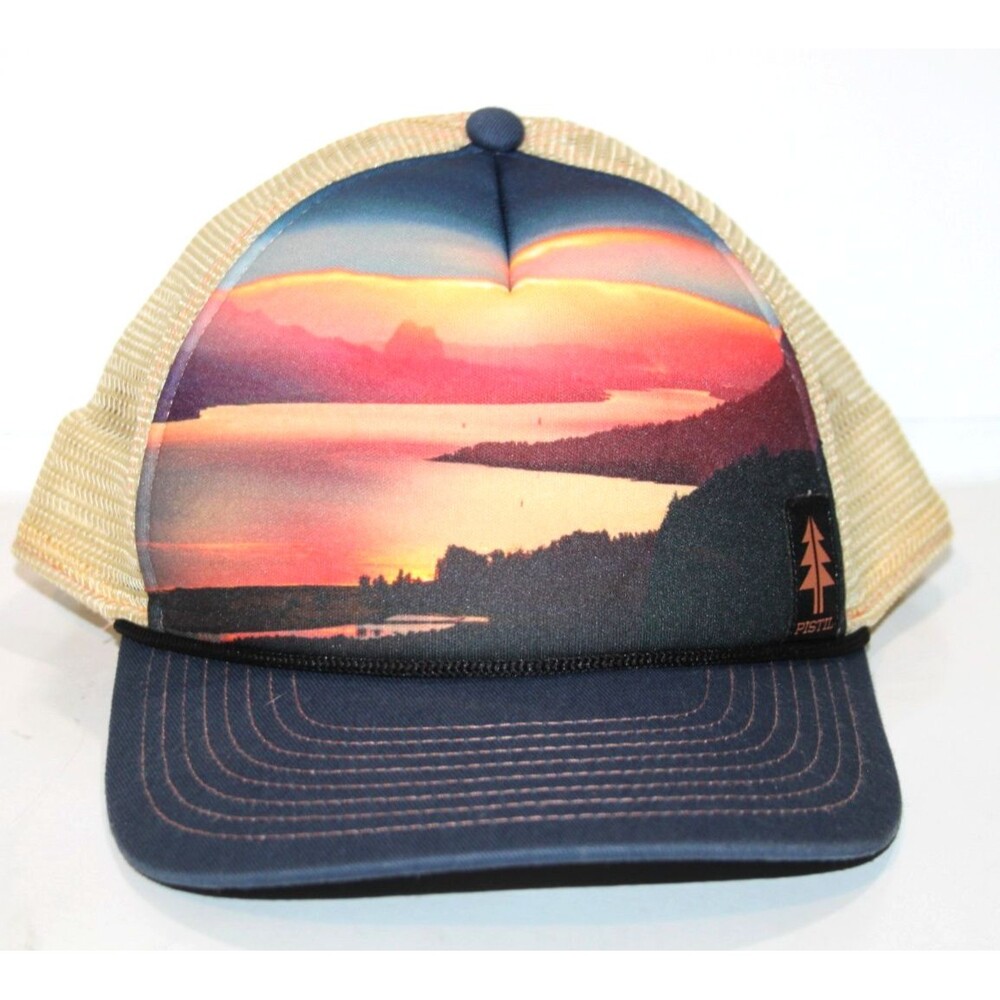 Pistil Lake Sunset Mountain Trucker Hat Adjustable Snapback Mesh Cap Graphic